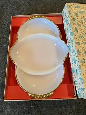 Vintage FIRE KING Milk Glass Divided Relish Tray ~ Gold Trim (MADE IN USA) NICE! • $15