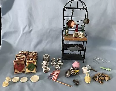 Dollhouse Furniture Miniature Metal Baker's Rack Black Shelving W/utensils • $19.99