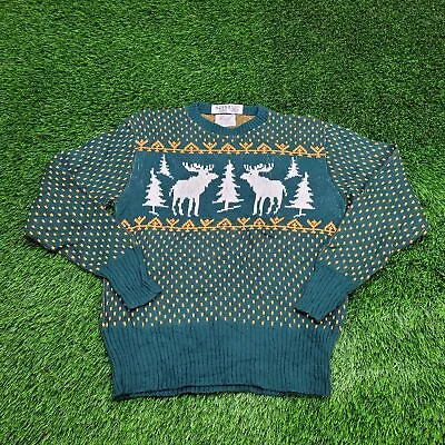 Vintage Birdseye Moose Elk Pine-Trees Knit Sweater Medium 19x25 Green Acrylic • $26.68