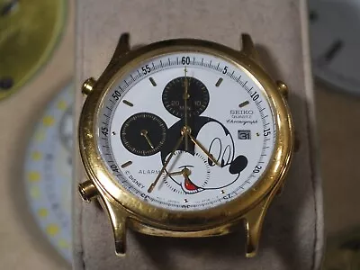 Vintage SEIKO 7T32 Gold Tone Mickey Mouse Chronograph Men's Watch--4 Repair • $114.53