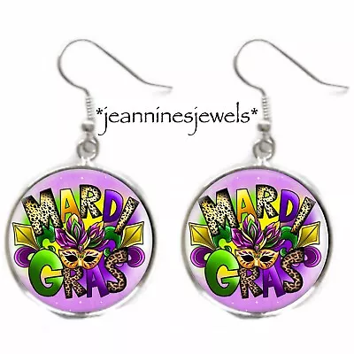 Happy Mardis Gras EARRINGS Fat Tuesday New Orleans Gift Silver Charm Dangle • $21.99