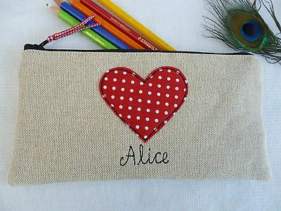 £15.49 • Buy Handmade Personalised Heart Pencil Case, Choice Of Wording Red Polka Dot & Linen