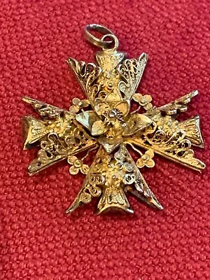 Vintage Filigree Maltese Cross With Thistle & Clover Brooch Pendant • £15