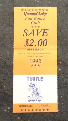 1992 Geauga Lake Amusement Turtle Beach Admission Savings Coupon Aurora Ohio • $11.99