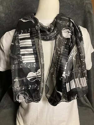 Scarf Rectangle Musical Notes Instruments Black/White 58  X 13  Polyester- Korea • $12