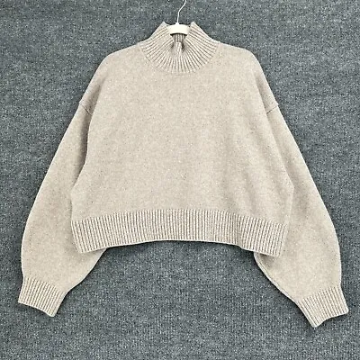 H&M Womens Large Cropped Mock Neck Sweater Tan Balloon Sleeve Wool Blend Chunky • $26.99