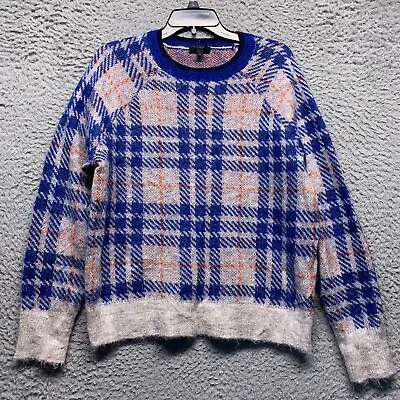 J Crew Womens Sweater XL Plaid Wool Mohair Blue Tan Long Sleeve Crew • $19.69