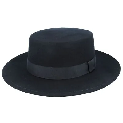 Wide Brim Black Boater Style Hat 100% Wool Felt Bolero Fedora Flat Top Crown UK • £33.99