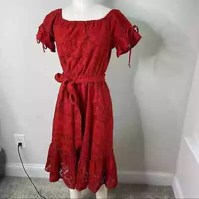 Shoshanna Eyelet Red Belted Boho Midi Dress Size 2 Wedding Guest Summer • $50