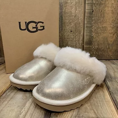 Ugg Kids Cozy Ii Slipper Metallic Gold Wool Cuff Slip On Sandal Us 3 Uk 2 Eu 35 • $63