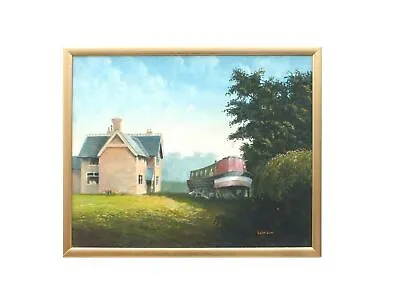 English Landscape Oil Painting Thurmaston Cottage Canal Boat Framed Derek Walsom • £125
