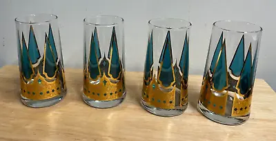 Vintage Starlyte Green And Gold Mid-Century Atomic Highball Glasses Set Of 4 • $49.99