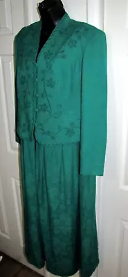 Karin Stevens VTG  Dress Maxi Faux-Jacket Pleated Embroidered Women Green 12 • $14.99