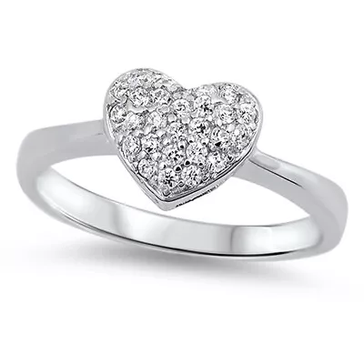 Clear CZ Heart Micro Pave Love Polished Ring 925 Sterling Silver Band Sizes 4-12 • $15.69