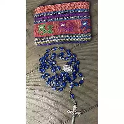 Vintage Rosary Blue Beads INRI Jesus Crucifix Cross W/Guatemalan Pouch Estate • $14.99