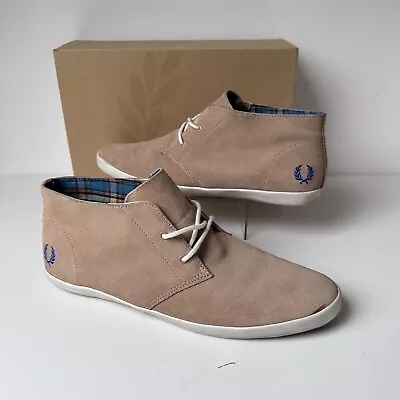 Fred Perry Byron Mid Suede Trainers Shoes Twill Size 11 UK Mens Tan In Box • £34.99