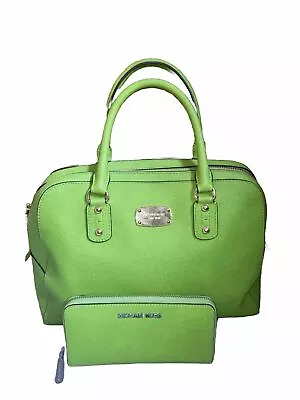 Michael Kors Hamilton Saffiano Leather Large SatchelBag Green W/ Matching Wallet • $275