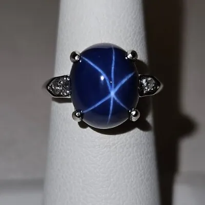 Vtg 14K White Gold Lab Created Lindy Blue Star Sapphire & Diamond Ring Sz 5.75 • $325