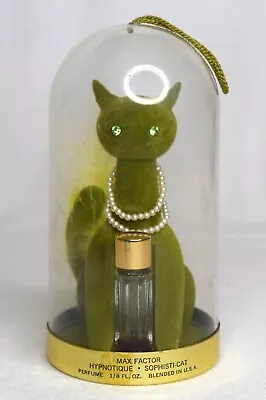Vintage Max Factor Green Hypnotique Sophisti-Cat Flocked Kitty Perfume Dome 60s • $55