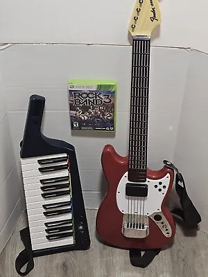 $175 • Buy Xbox 360 Rock Band 3 BUNDLE Game Stratocaster Fender Mustang Guitar Keyboard 