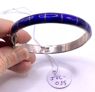 Vintage Sterling Silver Blue Enamel Bangle Bracelet Hinged Safety Chain • $69.96