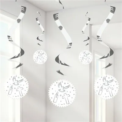 Holy Communion Confirmation Baptism White Silver Foil Swirls Party Decoration • £4.50