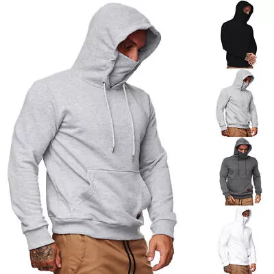 Mens Long Sleeve Hoodie Pullover Sweatshirt Casual Hooded Face Mask Cover Tops • £12.06