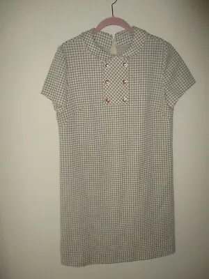 Vintage 70's Handmade Tan White Check Print Peter Pan Collar Shift Dress Size L • $24.99