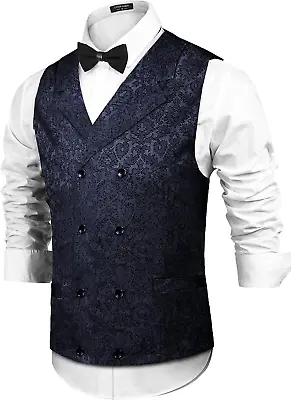 Mens Victorian Vest Steampunk Double Breasted Suit Vest Slim Fit Brocade Paisley • $54.94
