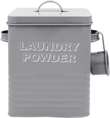 Grey Laundry Powder Tabs Pods Storage Tin Scoop Container Holder Utility Box • £15.99