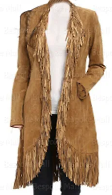 New Women's  American Brown Western Style Suede Leather Fringed Long Coat-1010 • $234.89