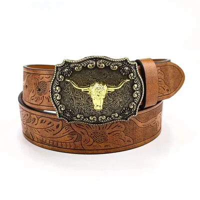 Vintage Mens Western Cowboy Belt PU Leather Waistband Fashion Buckle Belt  Mens • £10.23