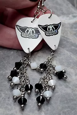 Aerosmith Guitar Pick Earrings With Black And White Swarovski Crystal Dangles • $11