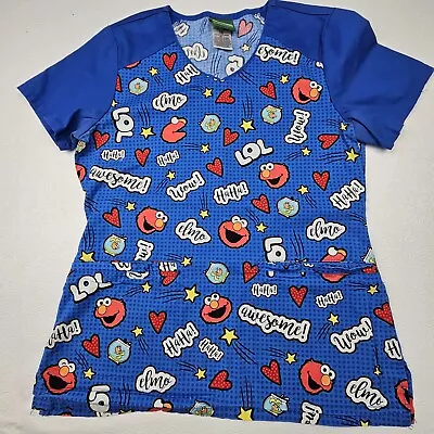 Sesame Street Scrub Top Womens Size XS Elmo Blue V-Neck Pit To Pit 17in  • $13.92