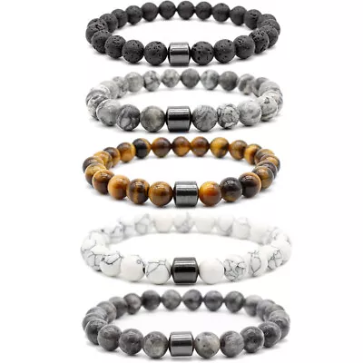 Men's Gemstone Strand Bracelet Black Magnetic Hematite Beads Energy Healing Yoga • £4.99