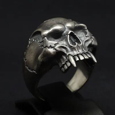 Vampire Biker Skull Ring Sterling Silver Harley Size Half Jaw Man By UNIQABLE  • $135