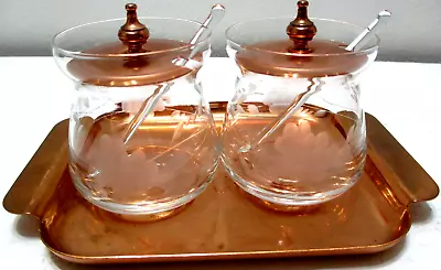 Vintage Copper Cut Glass Condiment Jars Spoons Tray Set Cavalier Copperware • $30.79