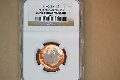 Lincoln Cent- Reverse Capped Die- NGC MS-65 RD.  Dramatic Error!! • $195