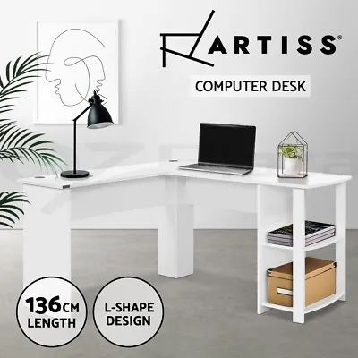 Artiss Computer Desk Shelf Cabinet L-Shape Home Office Study Table White 136CM • $143.95