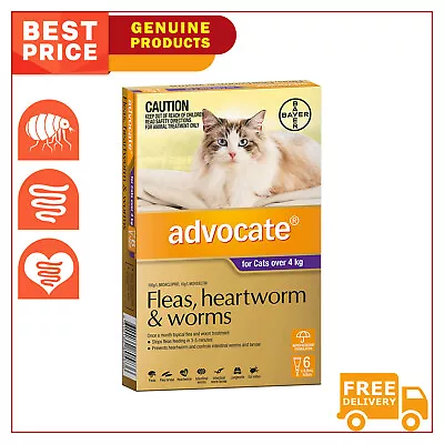 ADVOCATE For All Sizes Cats 6 Pipettes Flea Heartworm And Worm Treatment • $79.97