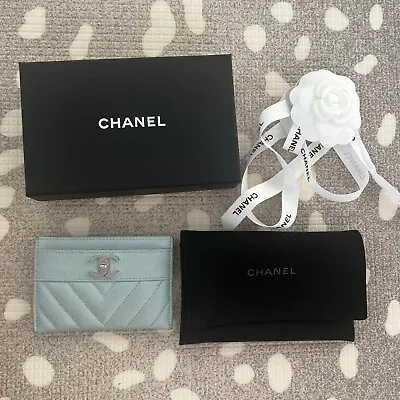 $500 • Buy Chanel Card Holder Caviar Chevron Quilted Vintage Mademoiselle Light Blue RARE
