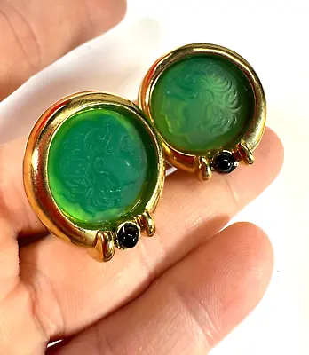 $32 • Buy Vintage Earrings Clip On Cameo Glass Green Round Cabochon Face Roman Jewelry