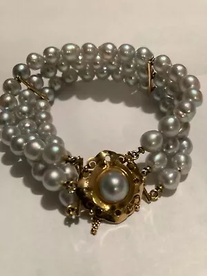 Vintage 14k YG Triple Strand Silvery Blue Gray Pearls Bracelet Ming's 7  35 Gram • $2900