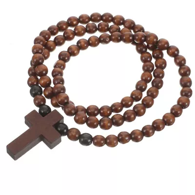 2pcs Wooden Cross Necklace For Men Beaded Chain Necklace Rosary Trendy Necklace • £9.49