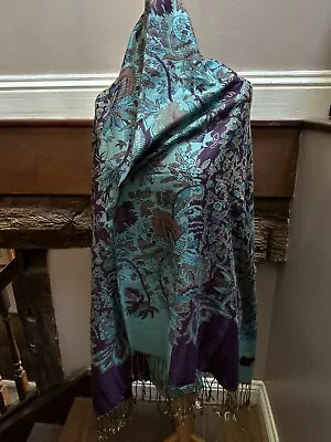 £30 • Buy Vintage Pashmina Shawl Wrap Fringed Paisley Turquoise & Purple Cashmere Silk