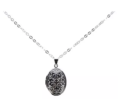 Silver Oval Locket On 17 Inch Chain For Picture Keepsake Rhodium Plated NEW • £3.99