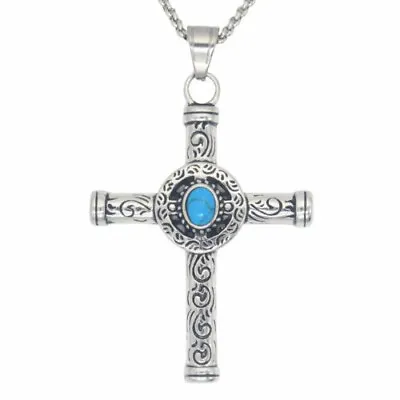 Mens Celtic Norse Turquoise Cross Stainless Steel Necklace Gothic Pendant • $10.99