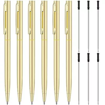 6 Pieces Golden Slim Metal Ballpoint Pen 1mm Medium Point Black Ink Smooth • $10.18