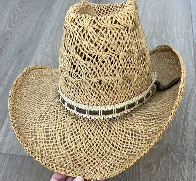 Vtg Bailey U Rollit Mens Cowboy Hat Tan Straw Multicolor Band Western 7 3/8 • $39.99