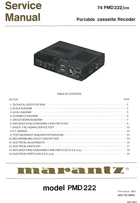 Service Manual Instructions For Marantz Pmd 222 • $12.48